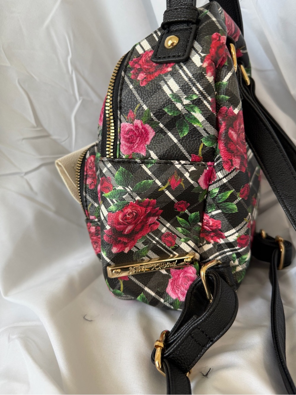 Betsey Johnson Black Plaid Floral Cat Mini Backpack - Picture 5 of 14